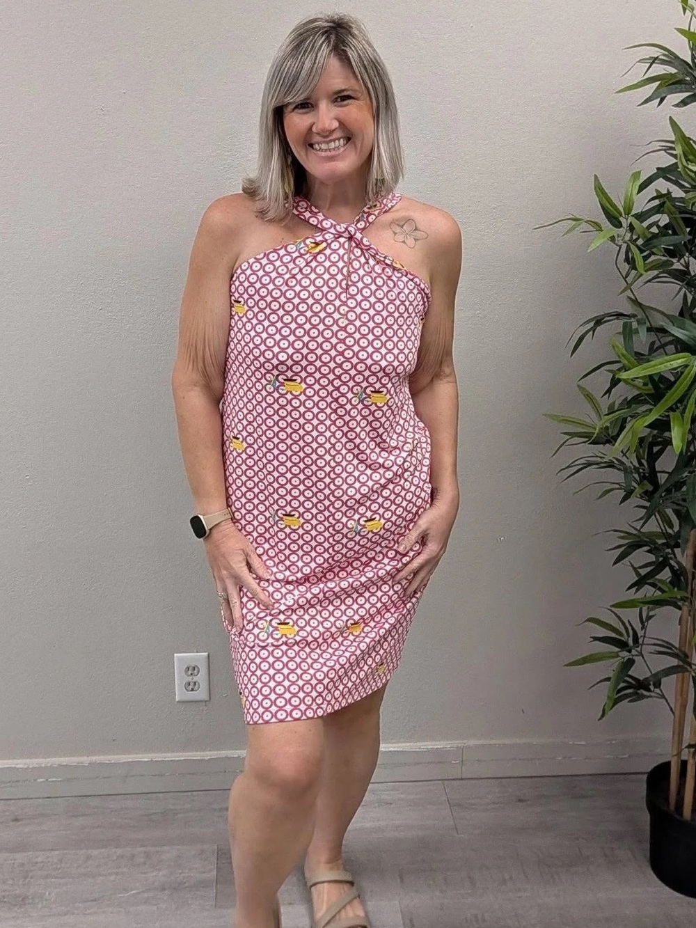 Tracy Negoshian Pink & White Scooter/Moped Print Halter Mini Dress - Size Medium